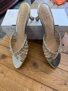 a new day Metallic Gold Braided Strappy Mule Kitten Heels